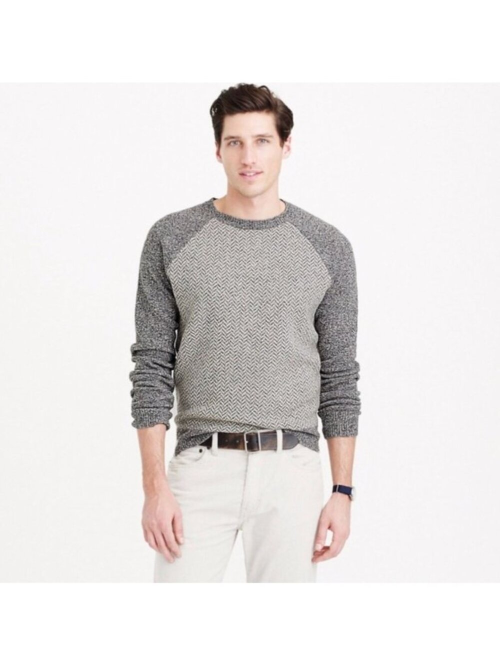 J. Crew Size XL Wool Gray Ivory Herringbone Sweater Crewneck Pullover B5649